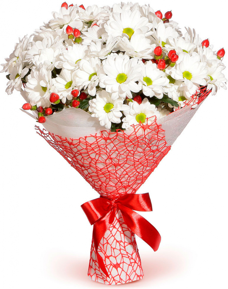 из белых ромашковых хризантем Букет «Ягодка моя»